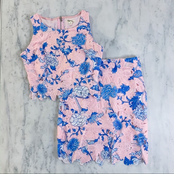 Pink and Blue Lace Floral Two Piece Skirt Set - Picture 2 of 8